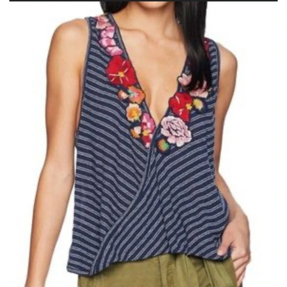 Free People frida faux wrap tank top embroidered floral striped summer vneck XS - Picture 2 of 14